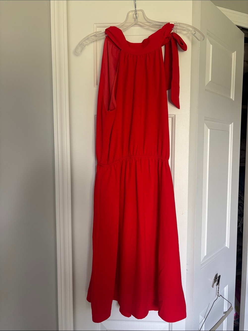 Bright Red Tie-Shoulder Midi Dress